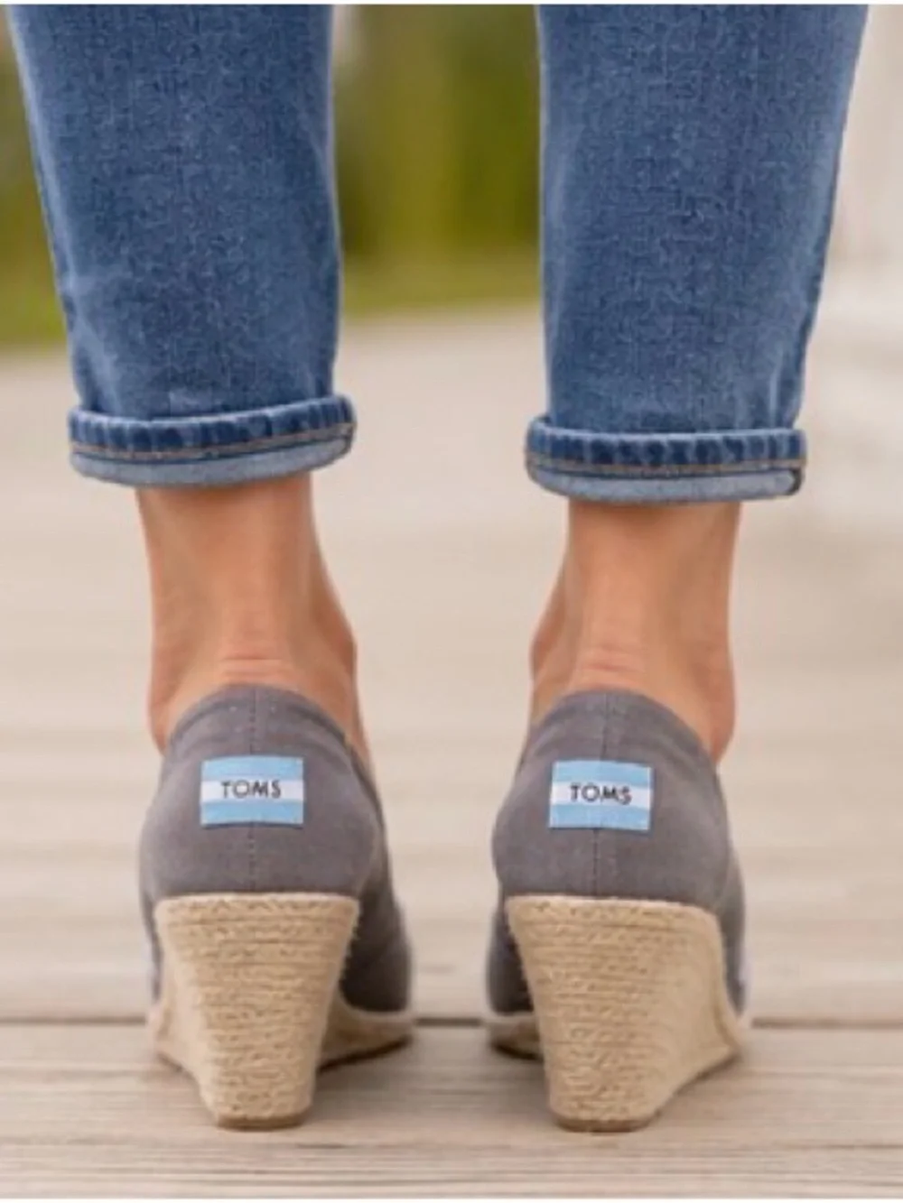 TOMS Gray Canvas Peep Toe Espadrille Wedge Heels Women’s Size 9 EU 40 Casual Com